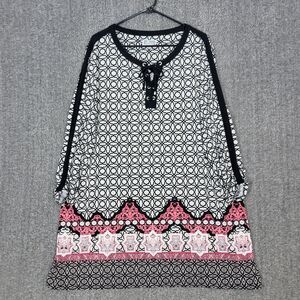 JM Collection Mini Dress Tunic Top Womens 3X Black White Geometric Ruched Sleeve